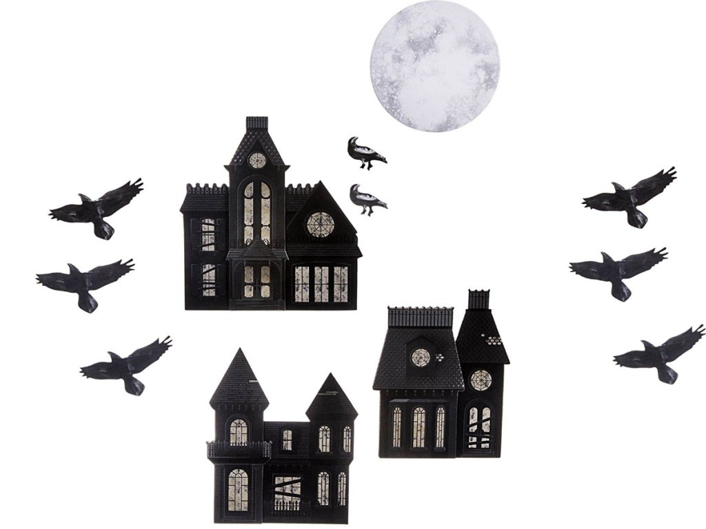 pictures of haunted house, birds and moon on white background