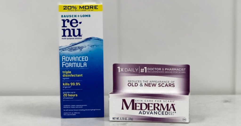 box of Mederma Gel and Renu Contact lens solution