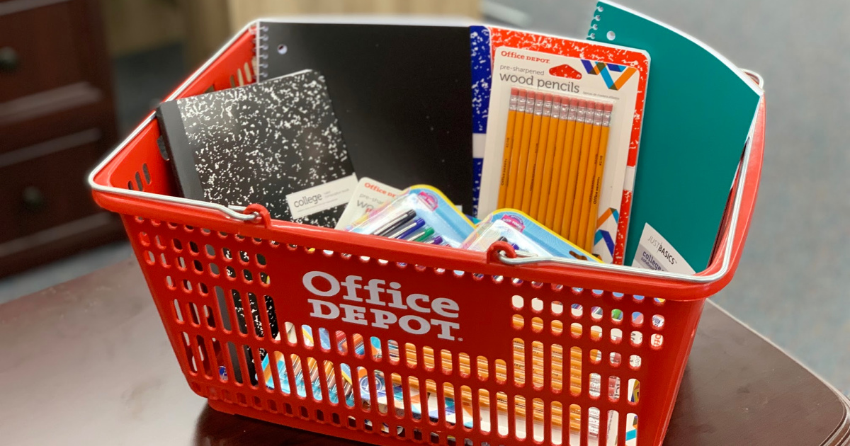 school supplies in an office depot shopping basket