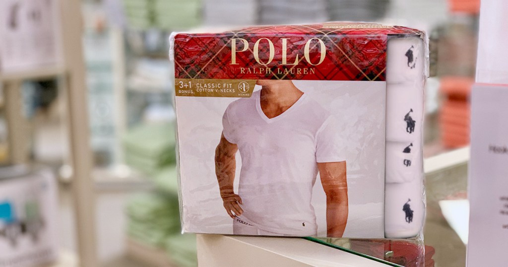 Men's V-Neck Polo shirts 4-pack by Ralph Lauren from Macy's in store on display