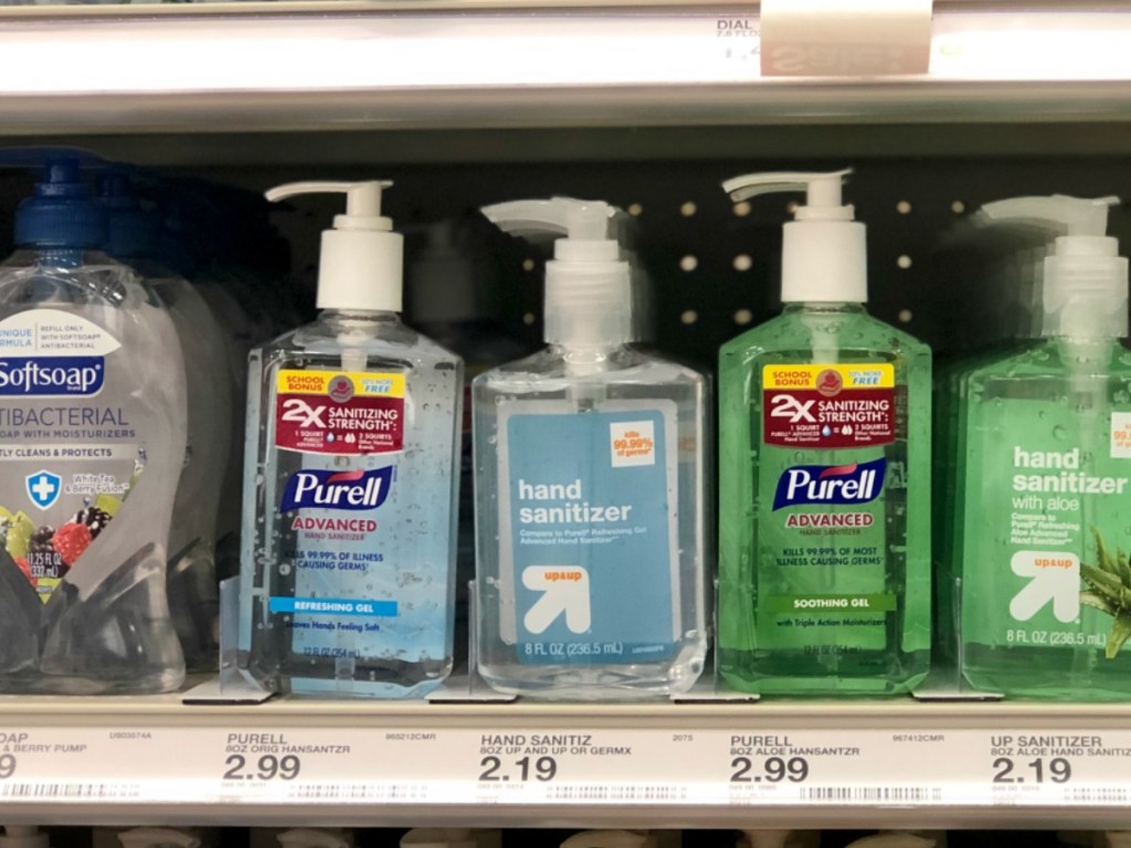 bottles on hand sanitizer on store shelf