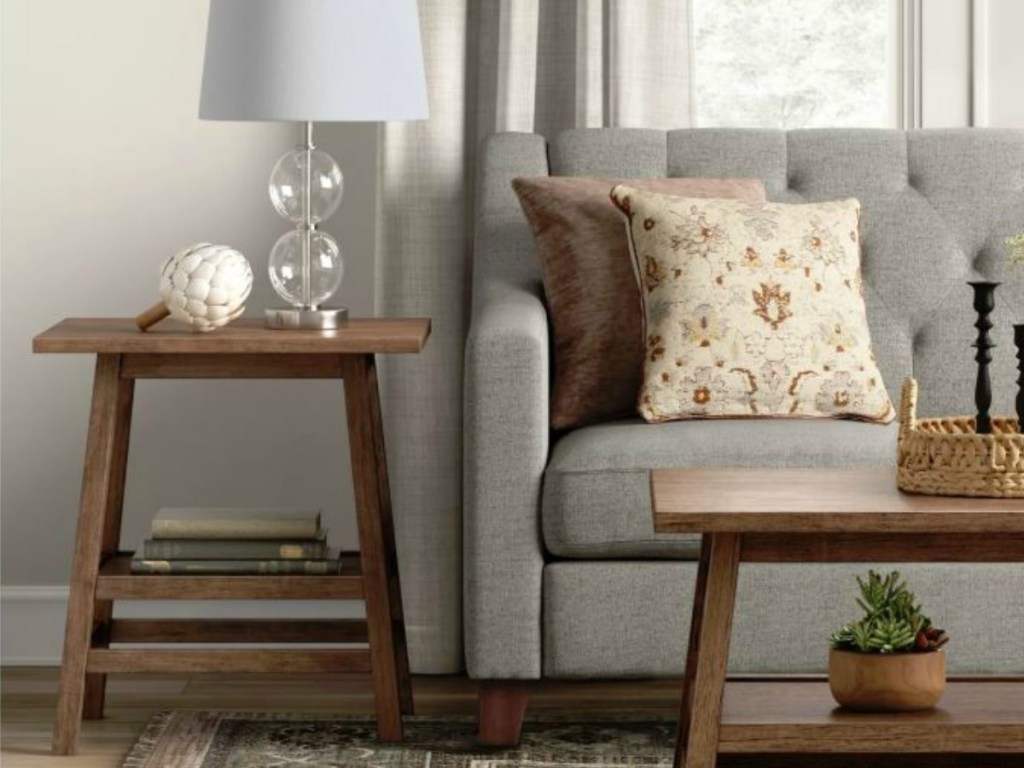 couch, side table and coffee table decor