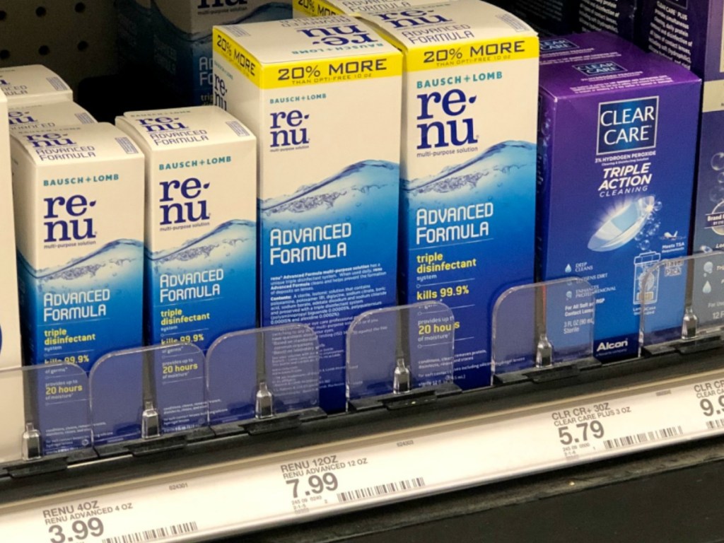 store display with boxes of contact lens solution