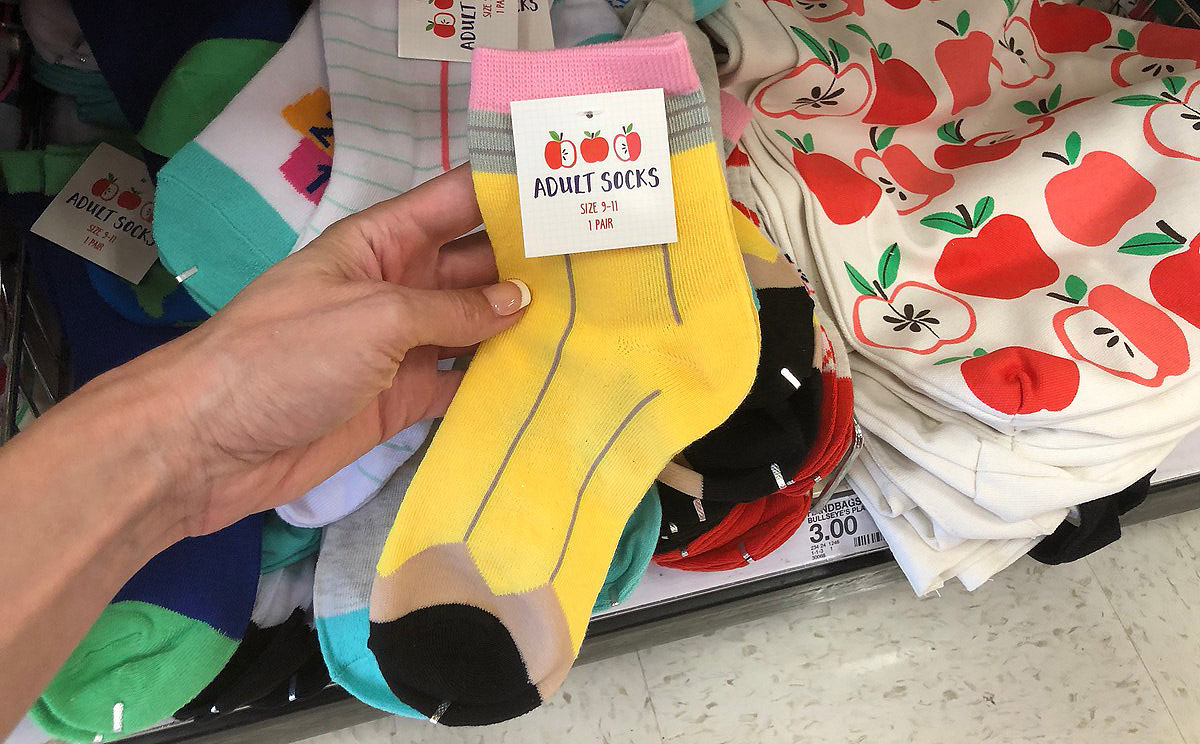 school themed socks being held in hand at store