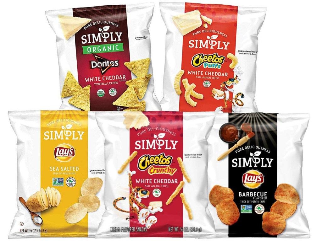 stacks of bags of chips on white background