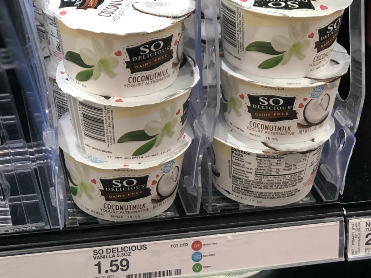 store shelf with yogurt on it