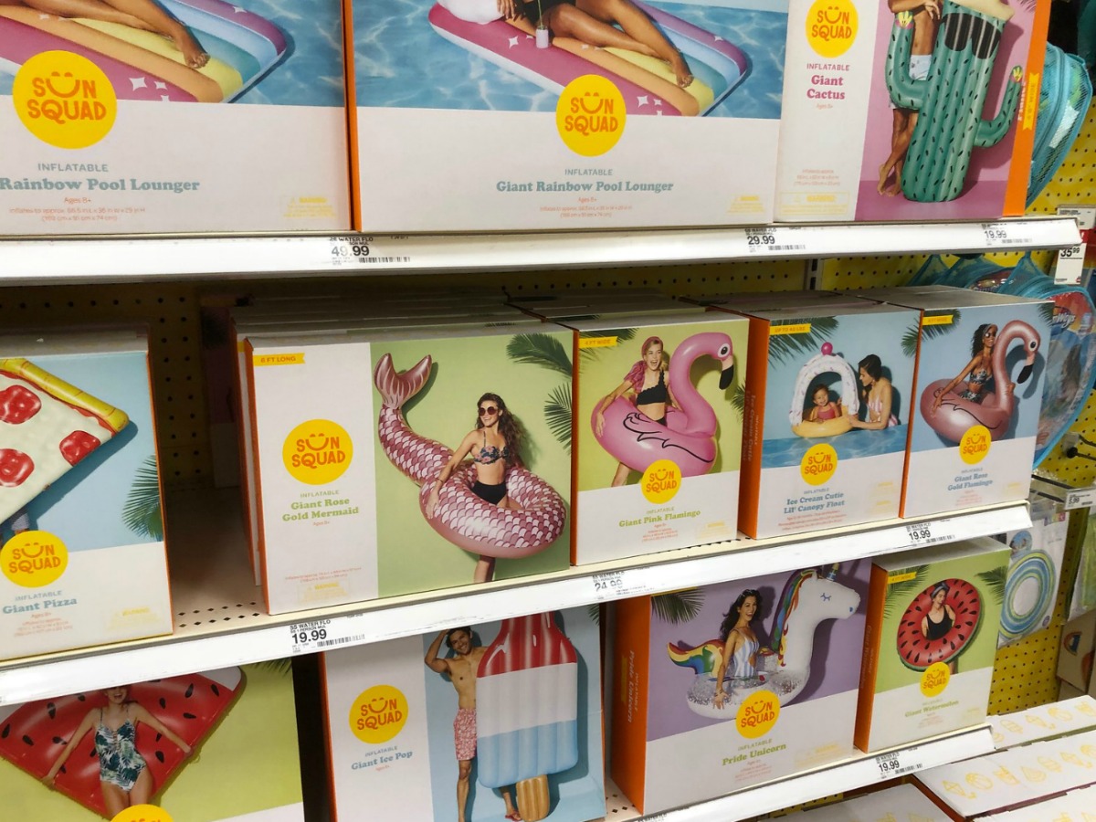 sun squad pool floats on shelf display at store