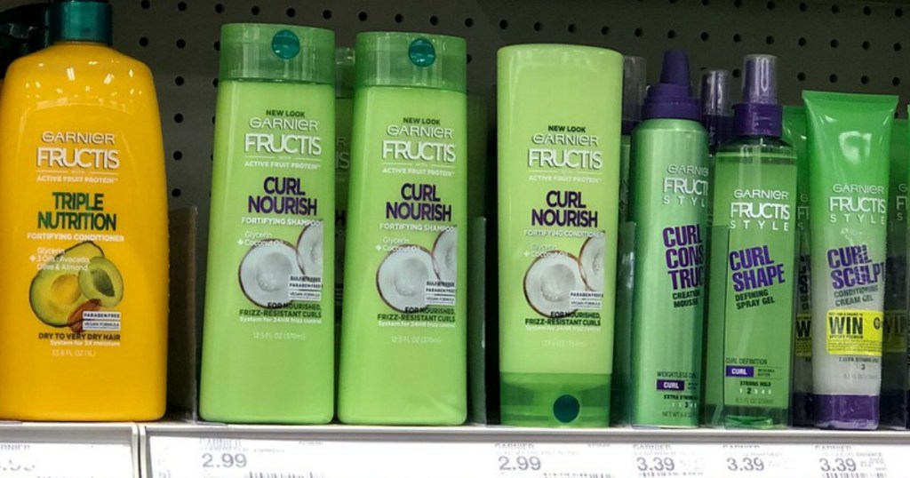 garnier fructis shampoo and conditioner on a shelf at target