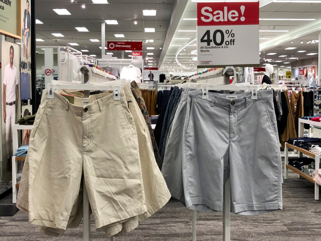 target men's goodfellow shorts hanging on rack