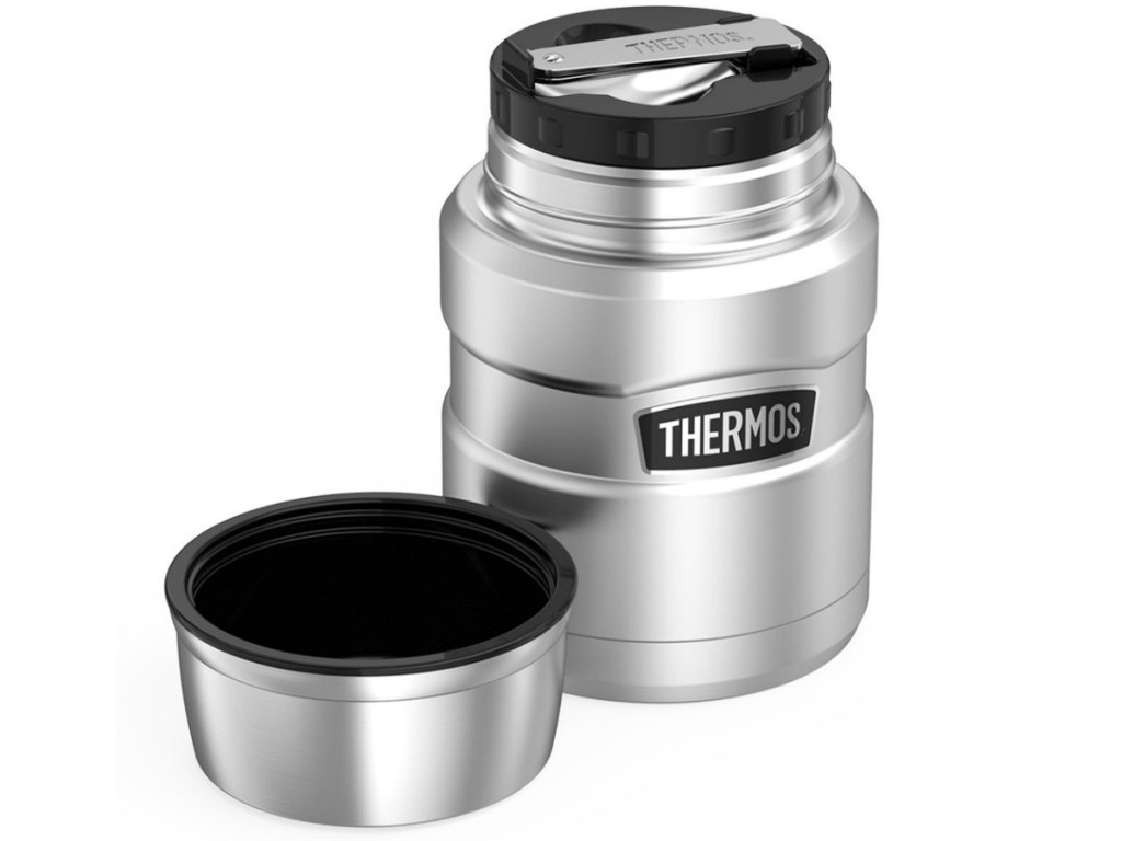 stainless steel thermos jar with cap beside it