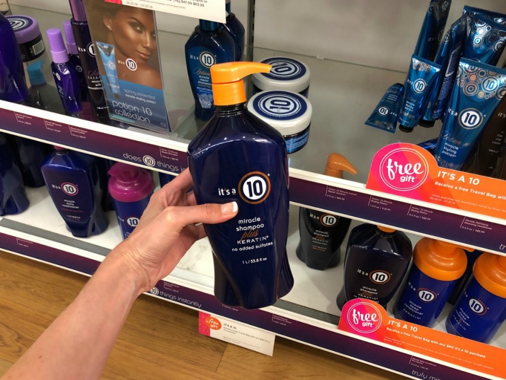 hand holding up its a 10 shampoo in store