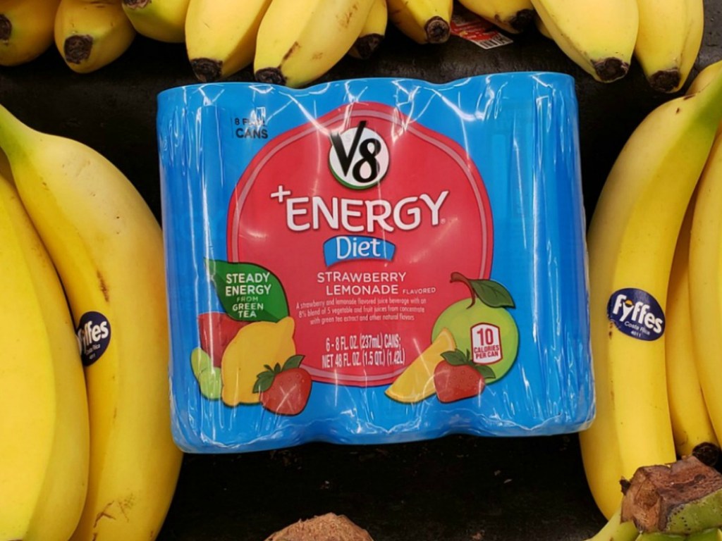 v8 energy drink pack surrounded by bananas