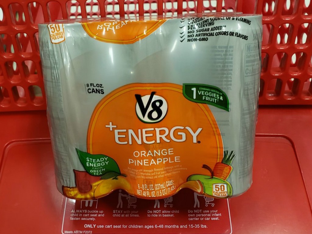pack of V8 energy drinks in shopping cart