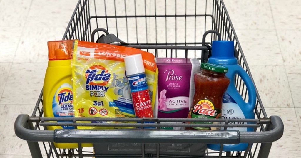 tide simply laundry detergent, crest kids toothpaste, poise active collection pads, pace salsa and downy fabric softener in a cart at walgreens