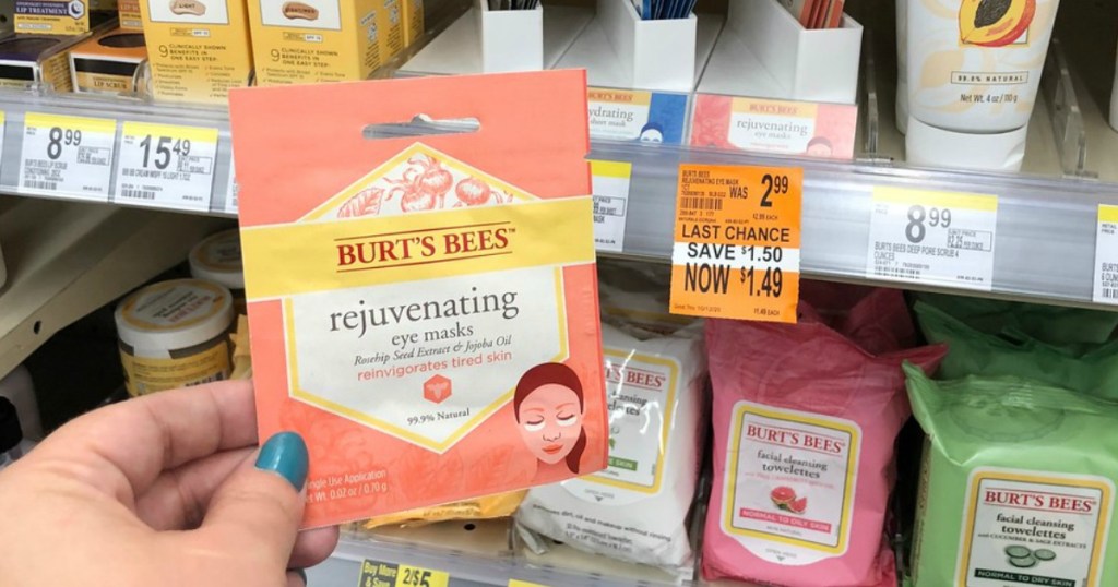 hand holding burt's bees rejuvinating eye masks on clearance at walgreens