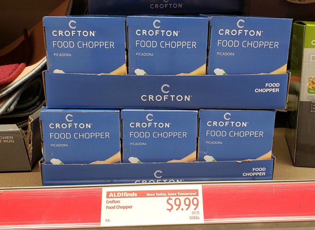 stacked boxes of food chopper at ALDI in-store on shelf