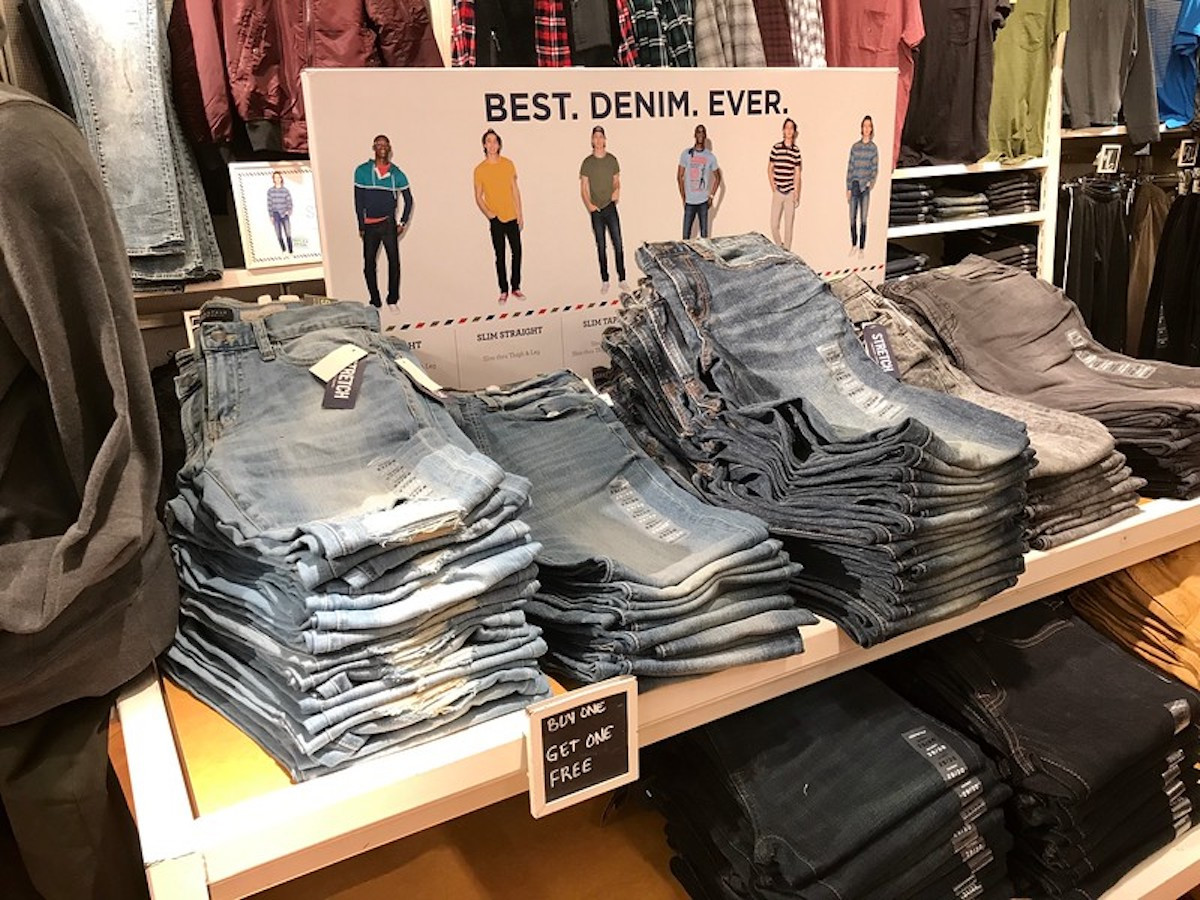 aero jeans on shelf at store