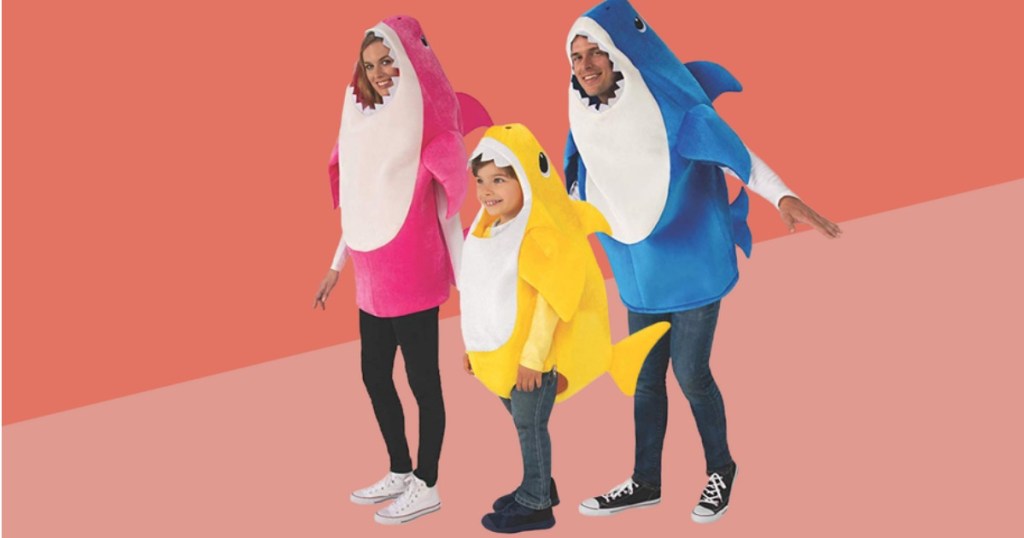 family wearing baby shark costumes