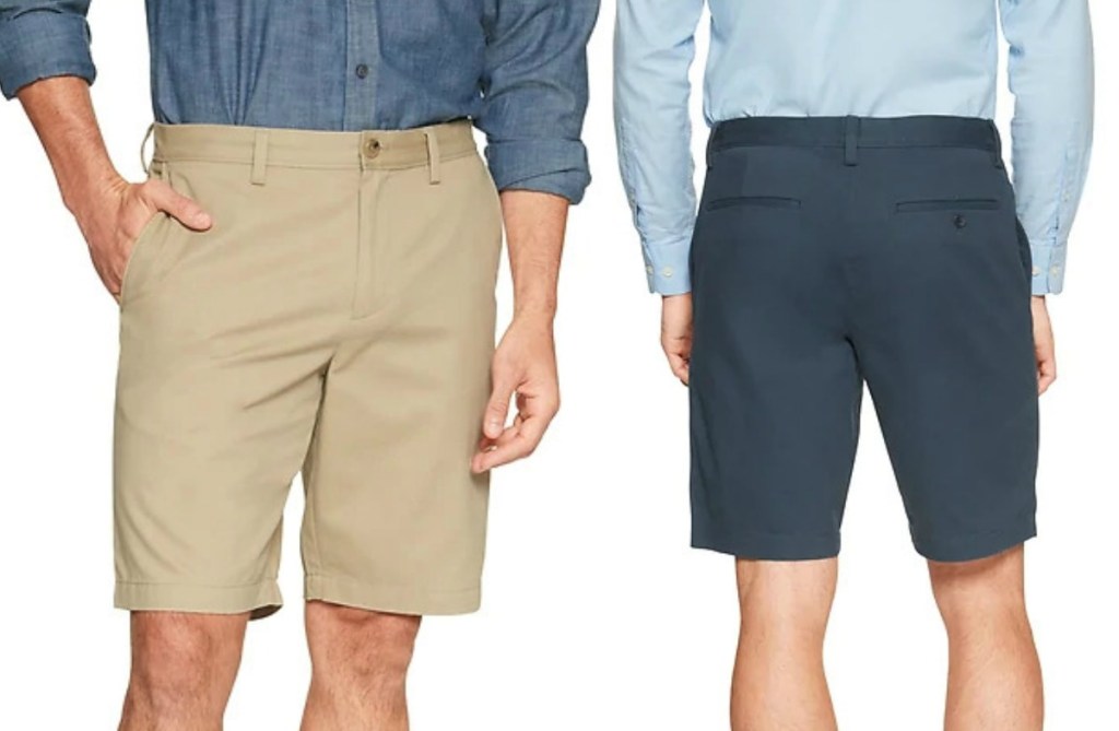 Two men wearing banana republic shorts in khaki and navy