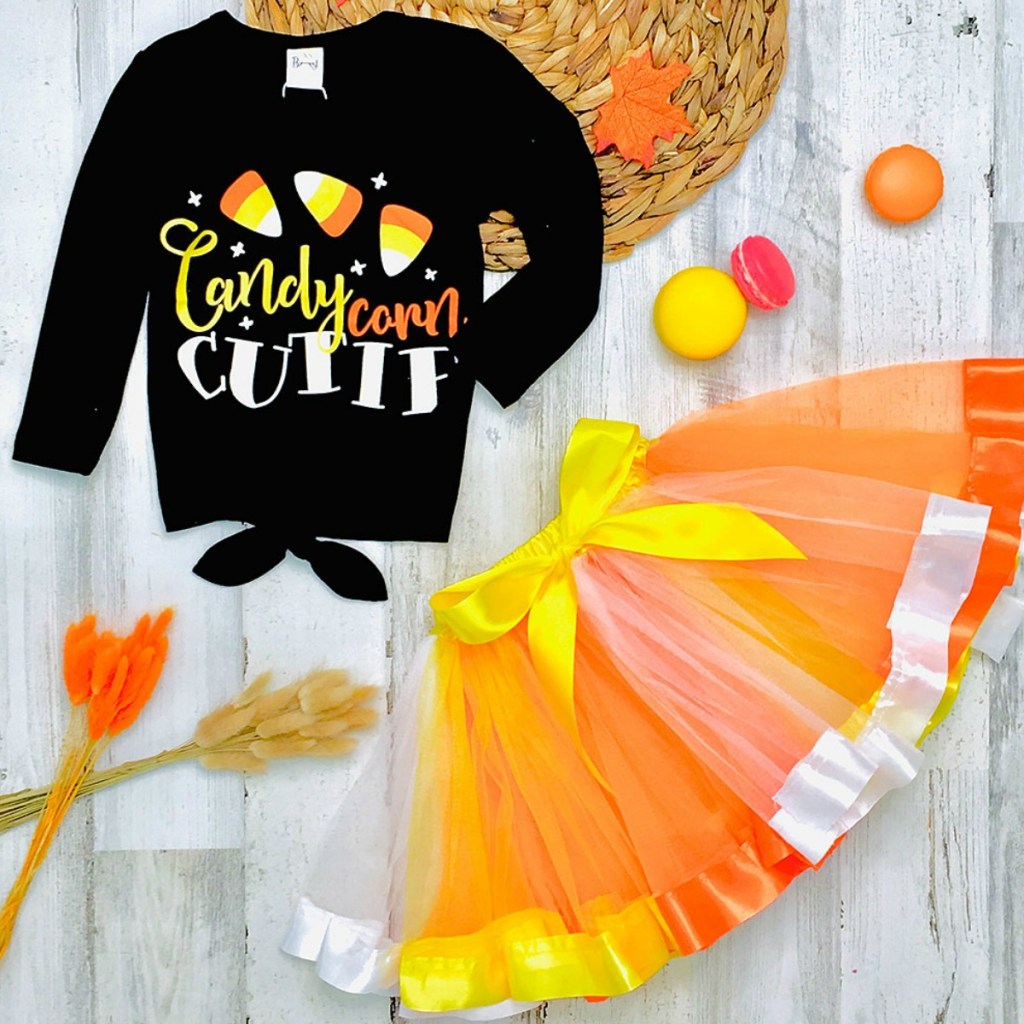 Girls candy corn themed outfit with tulle skirt from Zulily