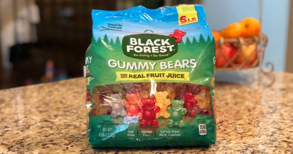 big bag of Black Forest gummy bears on kitchen counter