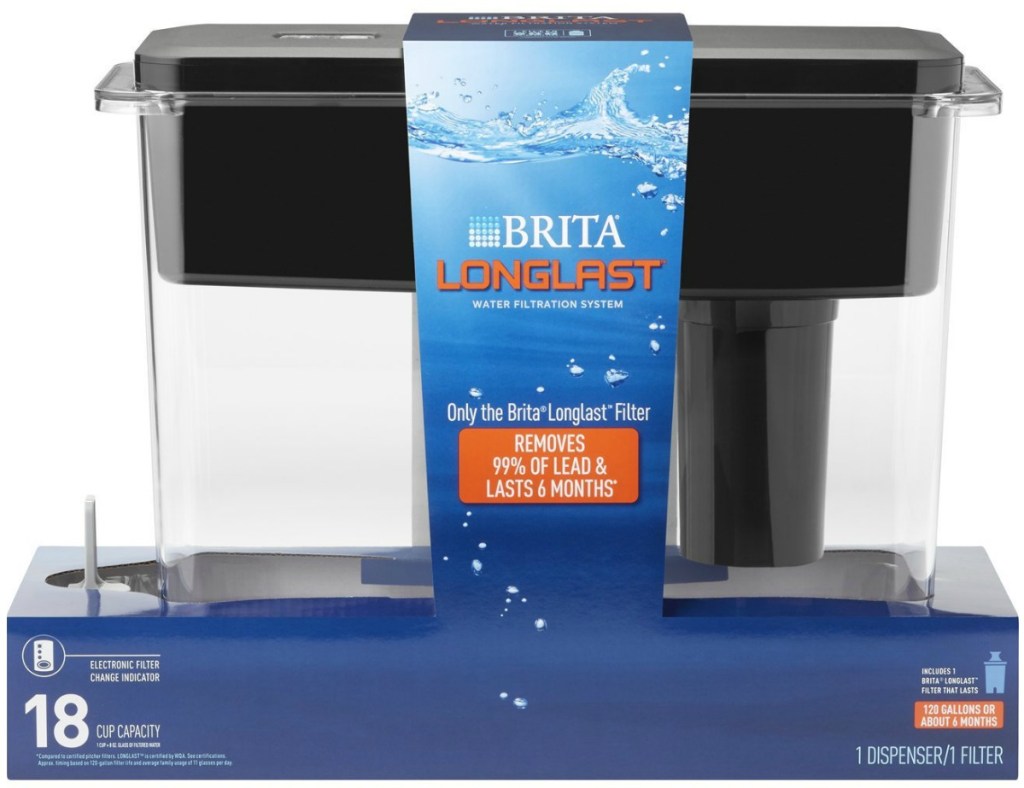 Brita-brand water dispenser with black lid in package