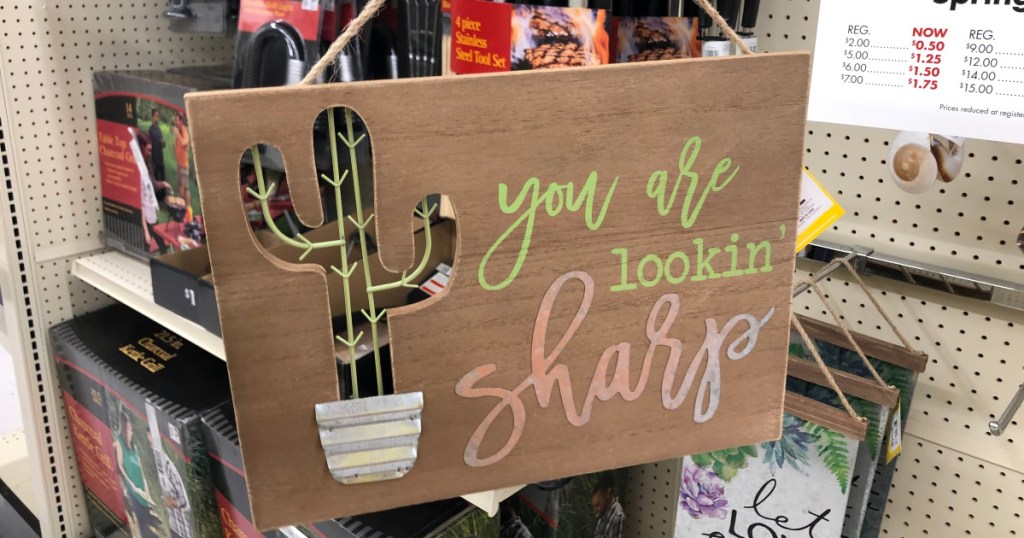 woman holding cactus sign at store