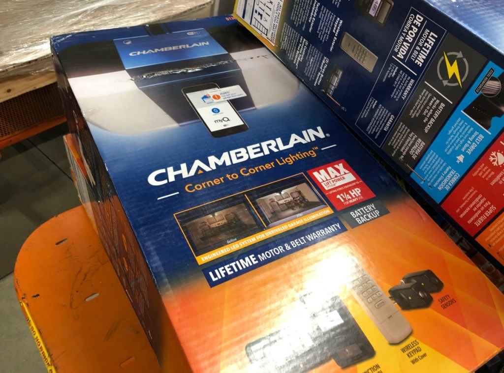 Smart garage door at Home Depot in package at store