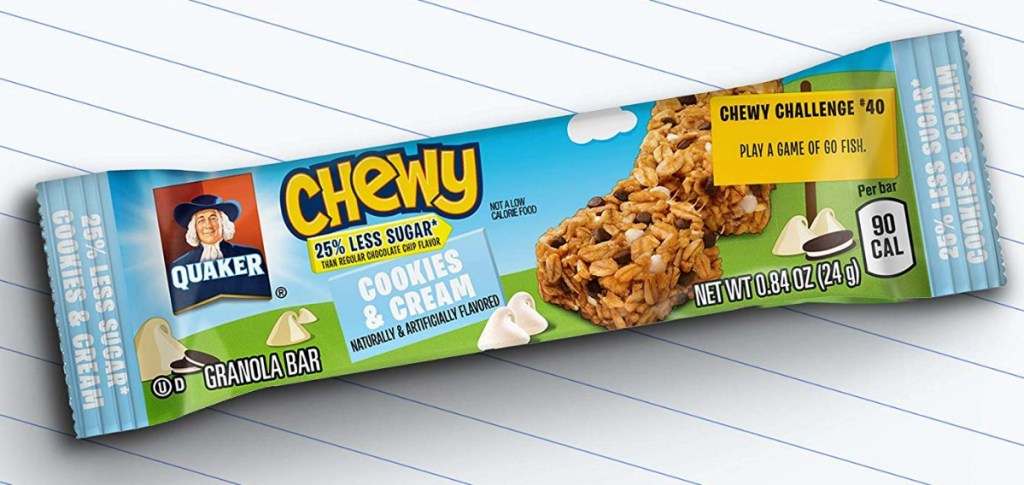 Cookies & Cream flavored granola bar from Quaker on notebook paper