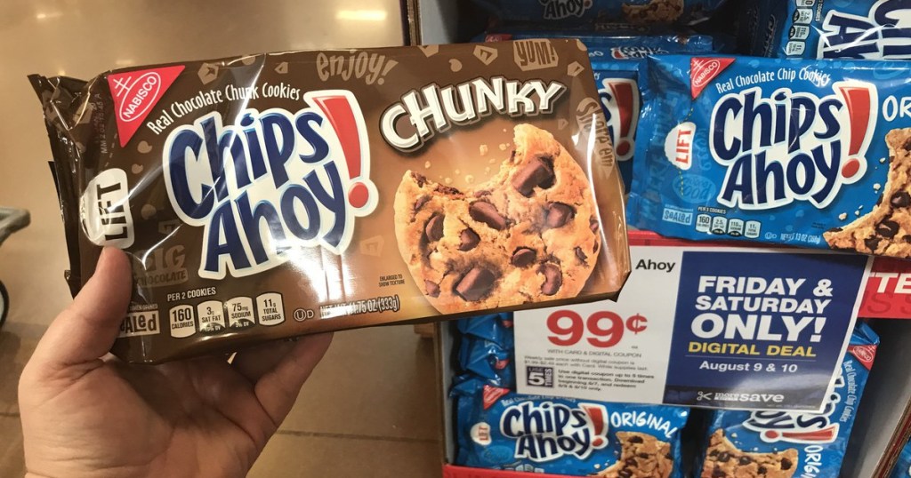 woman holding package of chips ahoy cookies at kroger