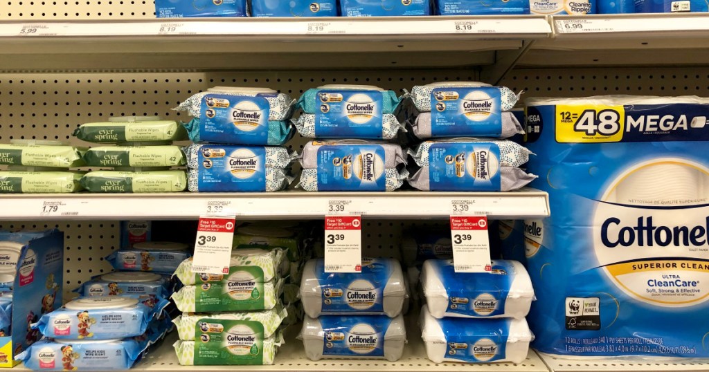 packages of cottonelle flushable wipes on shelf at target