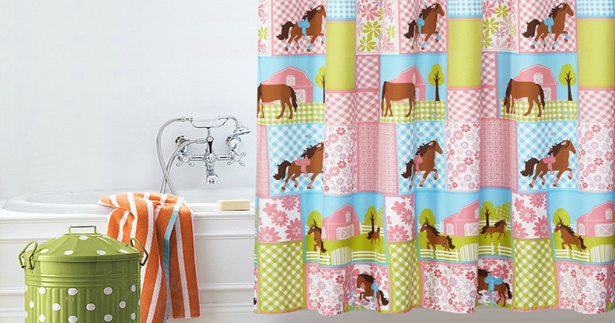 Country Meadows Print Shower Curtain, hung above a tub with an old fashion faucet