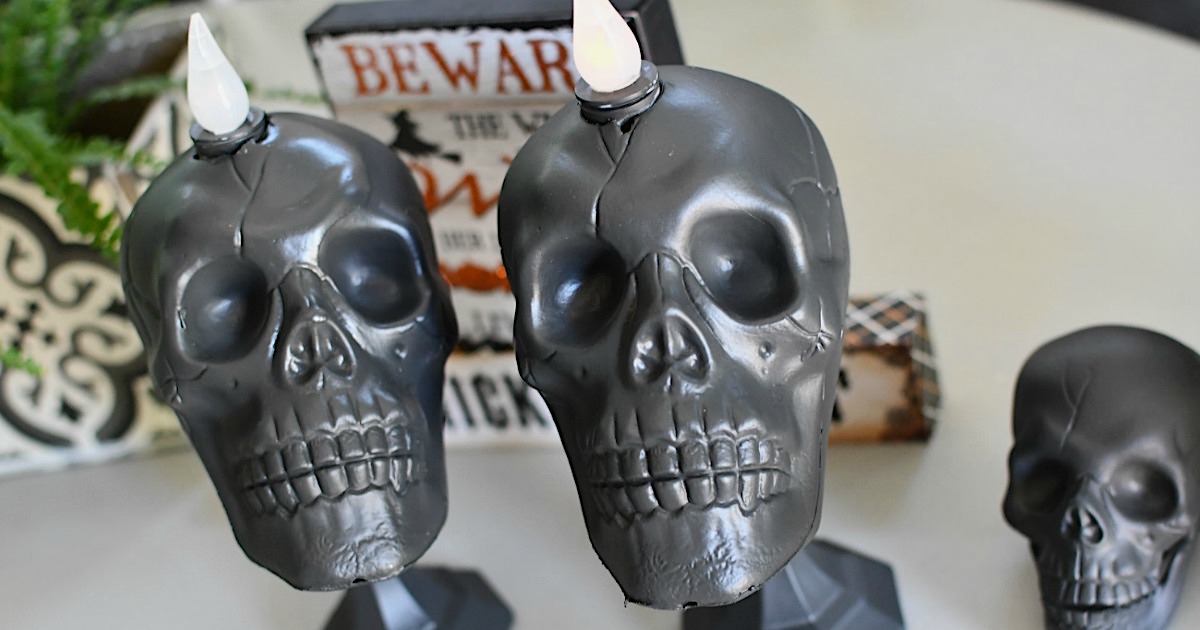DIY Dollar Tree Skull Candlesticks Halloween Decor