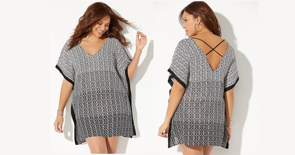 woman wearing swim tunic front and back