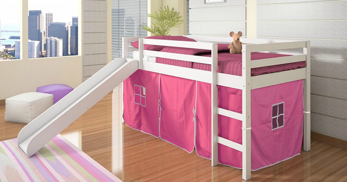 white loft bed with slide and pink tent