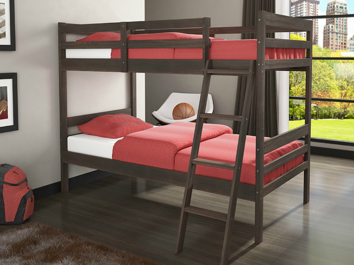 bunk bed with red blankets