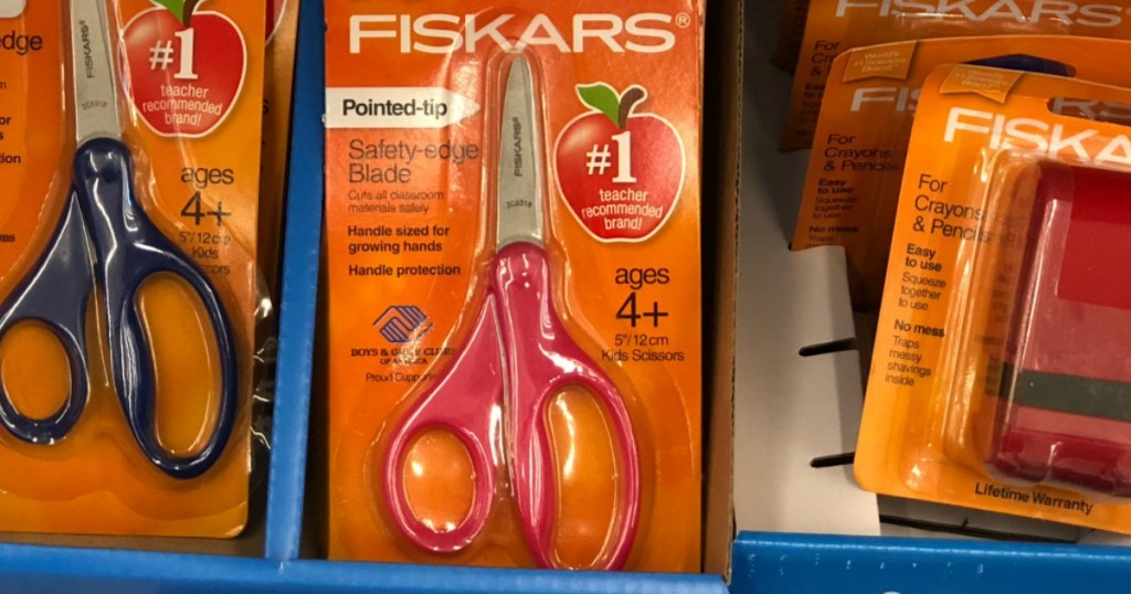 Pink pointed tip scissors in package from Fiskars brand