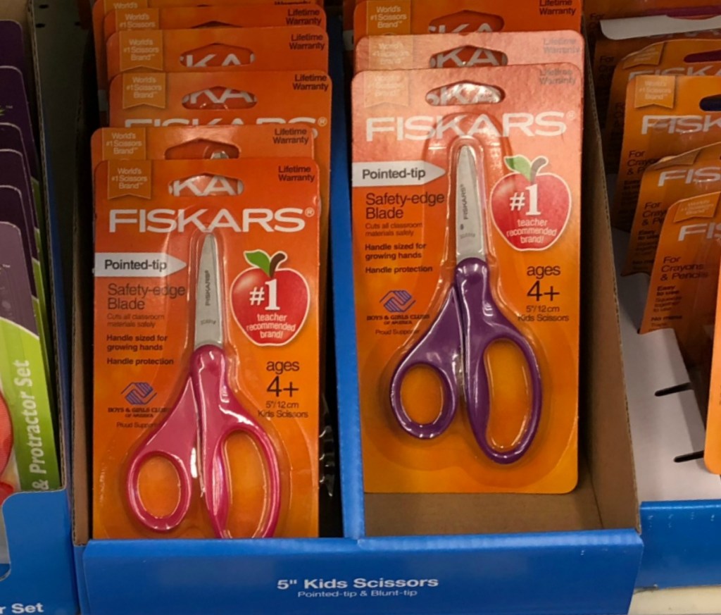 Purple and Pink pointed tip scissors in package from Fiskars brand