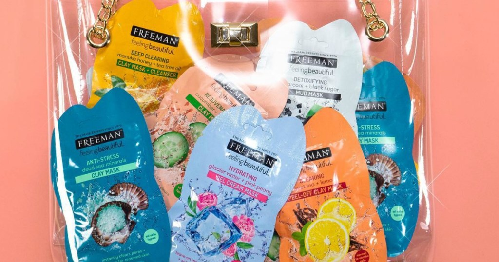 A variety of Freeman Beauty facial masks in a clear purse with copper clip