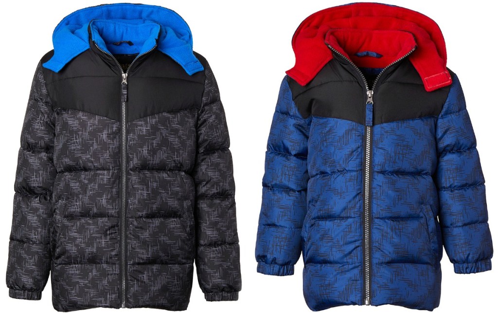 Geometric print puffer coat in two colors for toddlers and boys