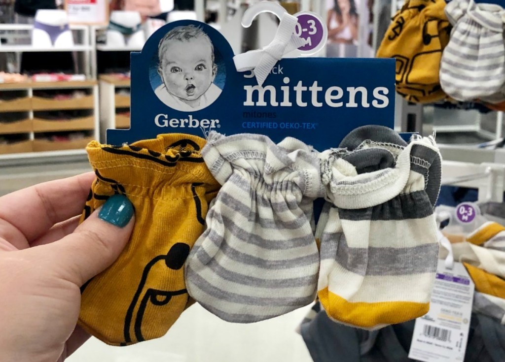 Three-pack of Newborn mittens with truck colors and print