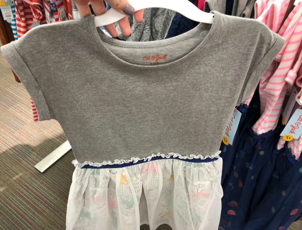 Girls Dress with dinosaurs on tulle skirt with gray top on hanger in-store at Target