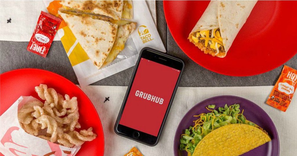 Phone with GrubHub app and food