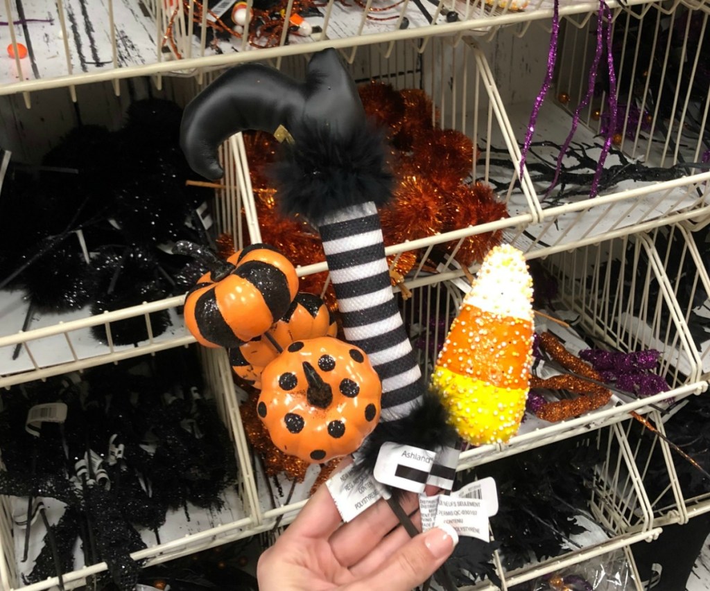 Halloween themed picks with witches leg, candy corn, and more