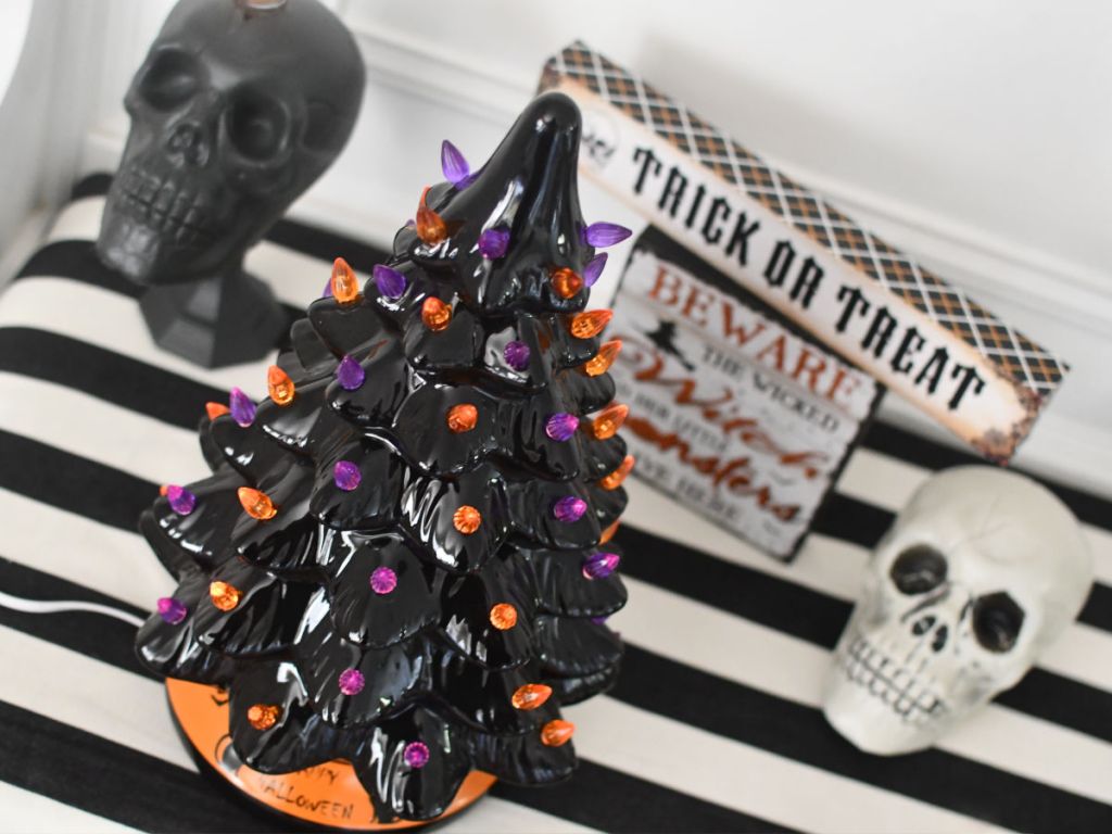 Overhead shot of Halloween Tree in home with spooky decor