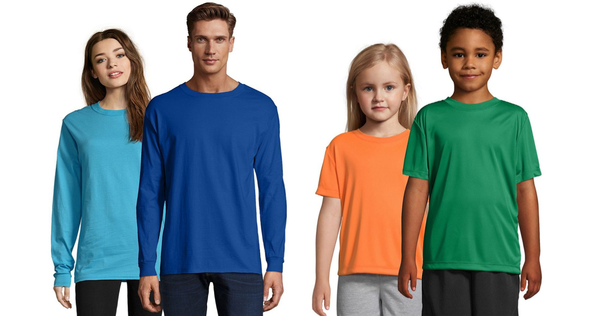woman, man and kids wearing colorful Hanes tees