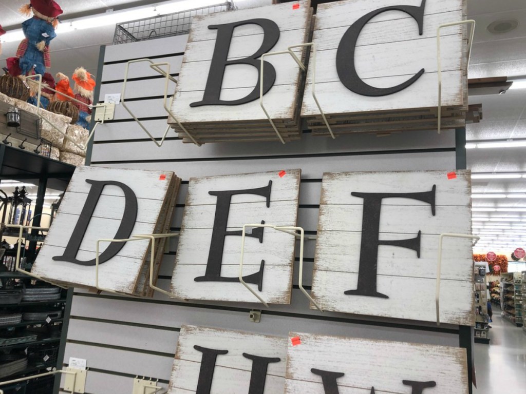 Decorative letters on the shelf at Hobby Lobby