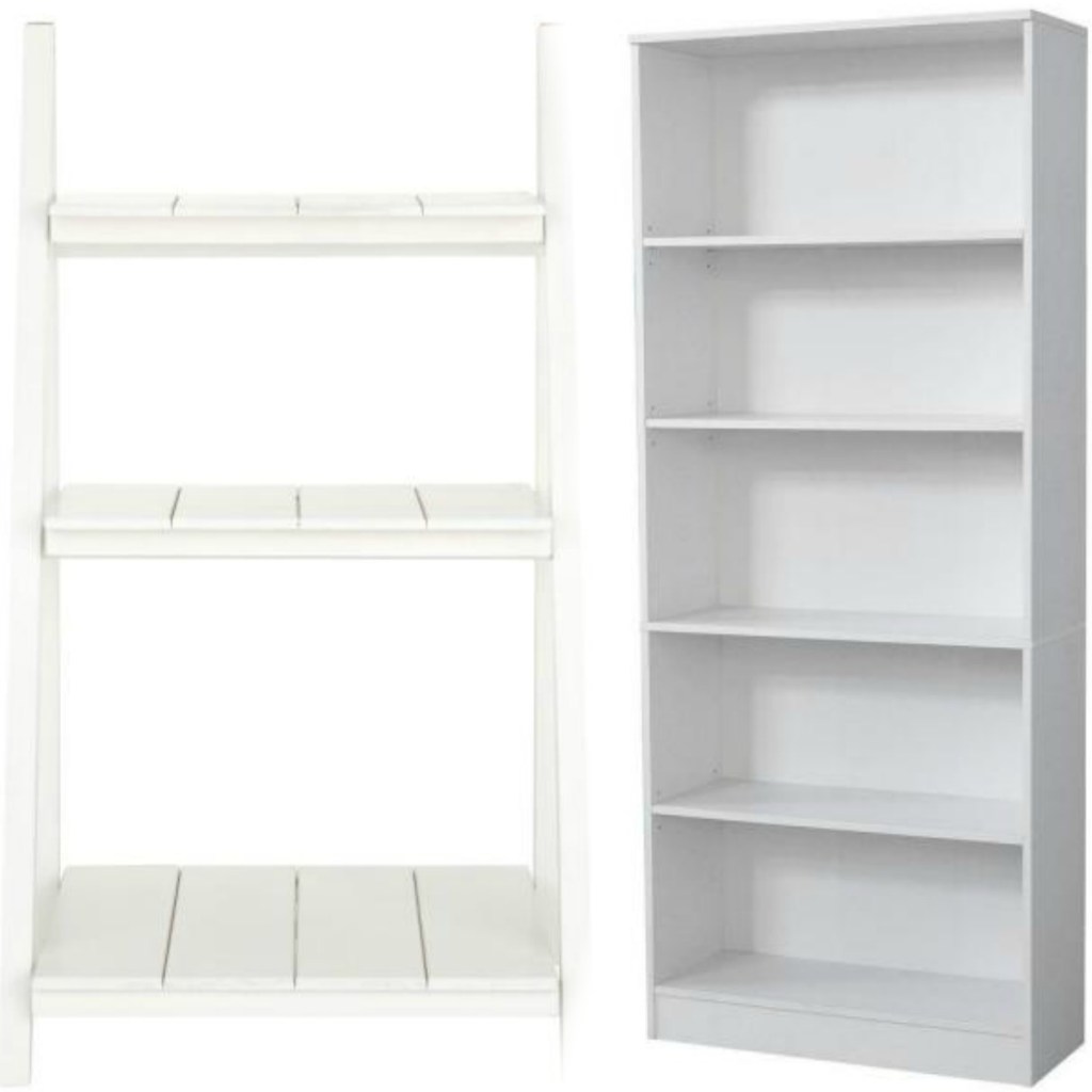 Two styles of white shelves on sale at Home Depot
