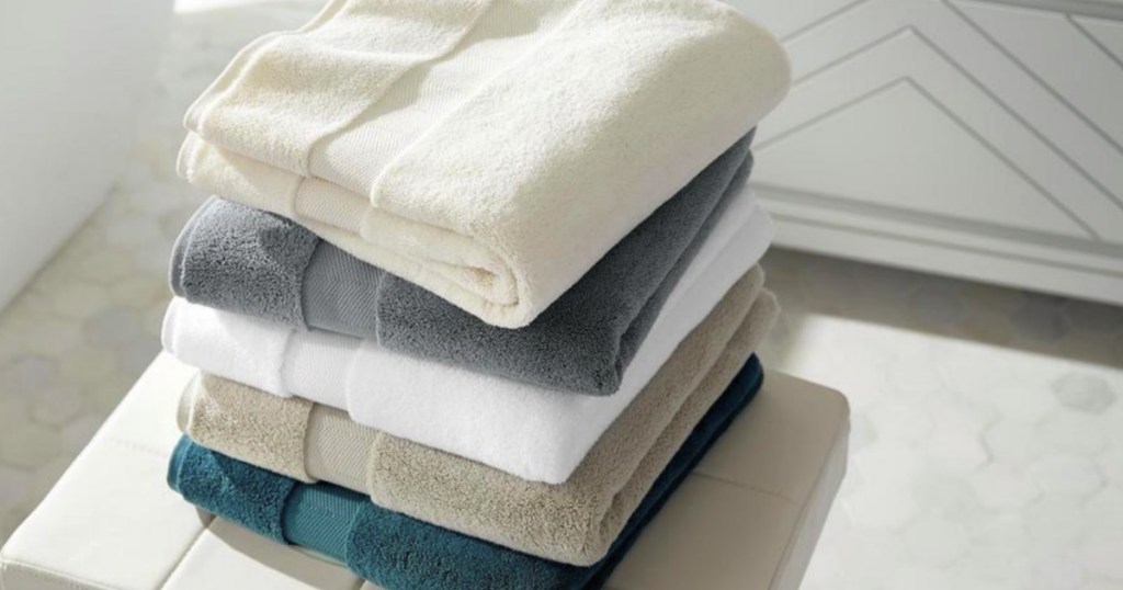 Stack of towels from Home Depot in a variety of colors