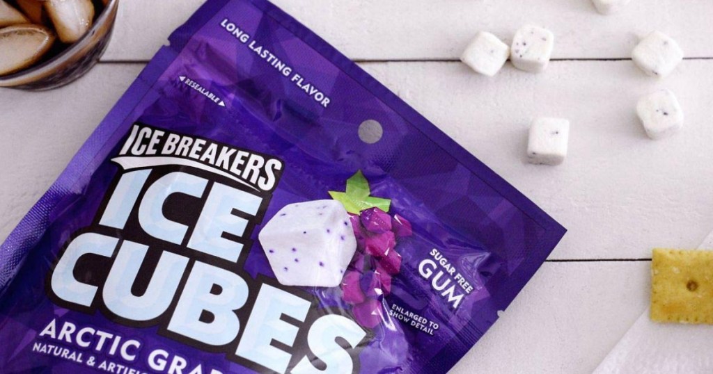 Package of grape flavored ice cube Ice Breakers sugar free gum on table
